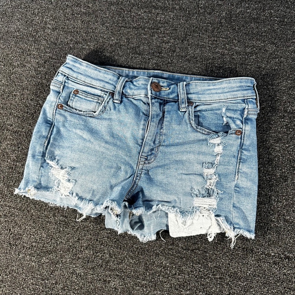 American Eagle Hi-Rise Shortie Womens 4 Light Blue Good Distressed Denim Shorts